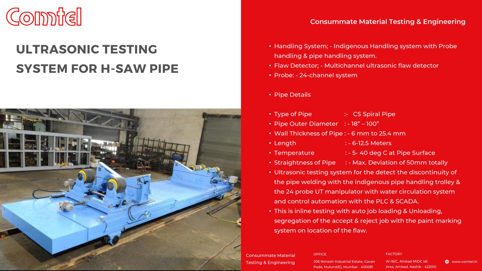 Comtel Systems ULTRASONIC TESTING SYSTEM FOR H-SAW PIPE – Comtel